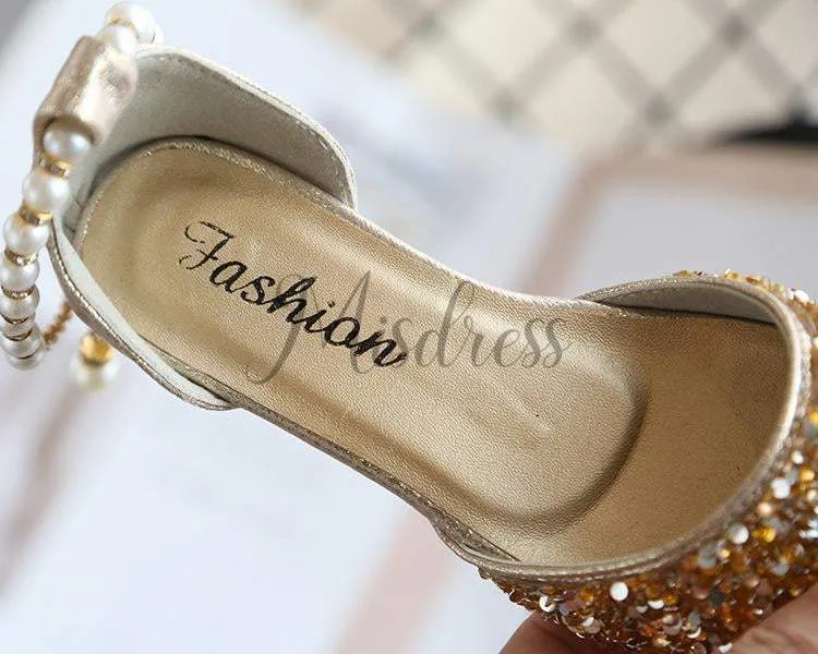 Gold/Silver Sequin Pearls Wedding Flower Girl Shoes Princess Shoes