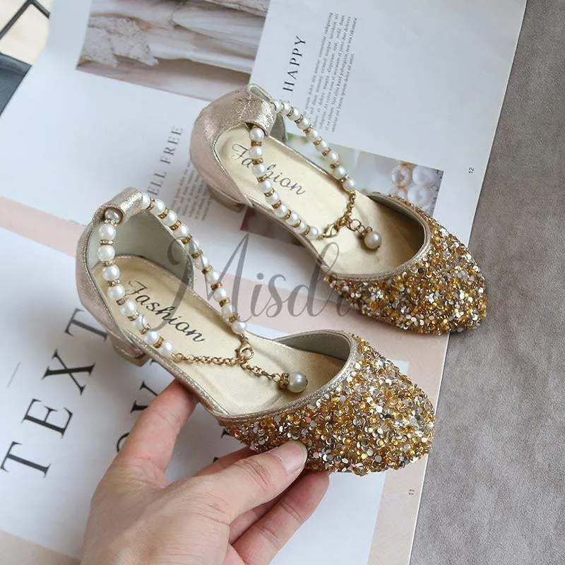 Gold/Silver Sequin Pearls Wedding Flower Girl Shoes Princess Shoes