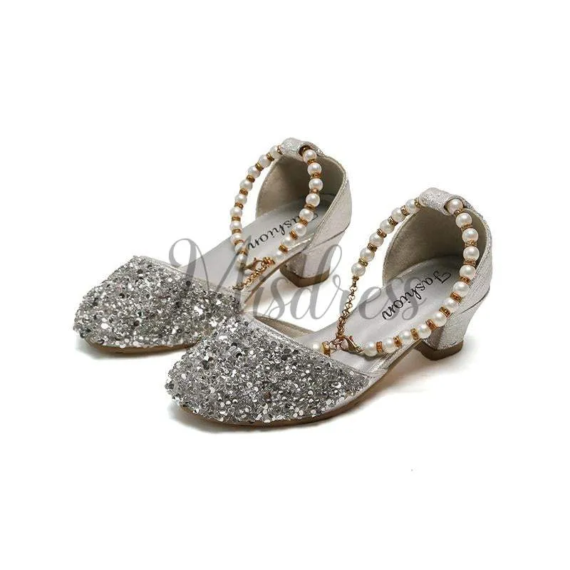 Gold/Silver Sequin Pearls Wedding Flower Girl Shoes Princess Shoes