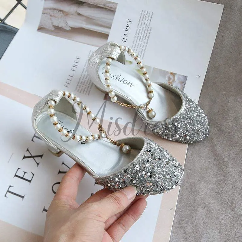 Gold/Silver Sequin Pearls Wedding Flower Girl Shoes Princess Shoes