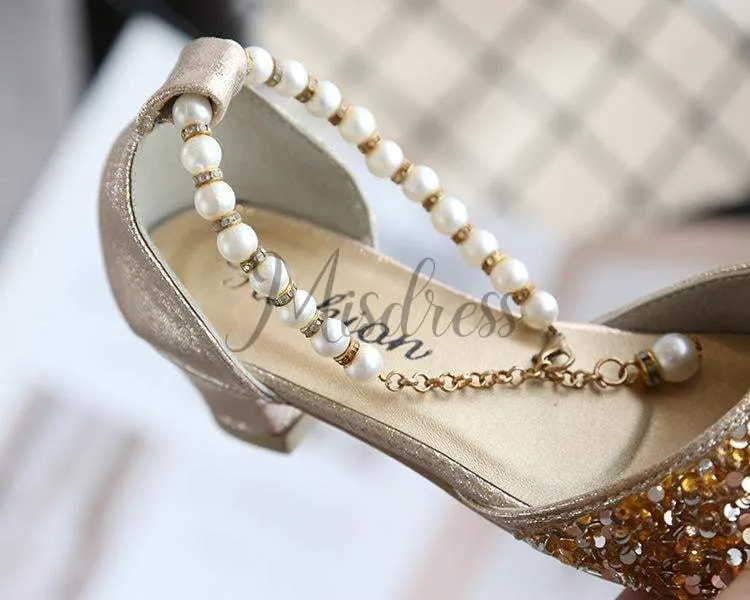 Gold/Silver Sequin Pearls Wedding Flower Girl Shoes Princess Shoes