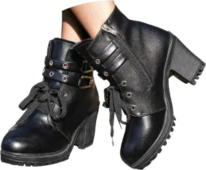 Goth Boots for Women, Women's Lace up Combat Ankle Boots High Chunky Heel Fashion Heeled Booties Shoes