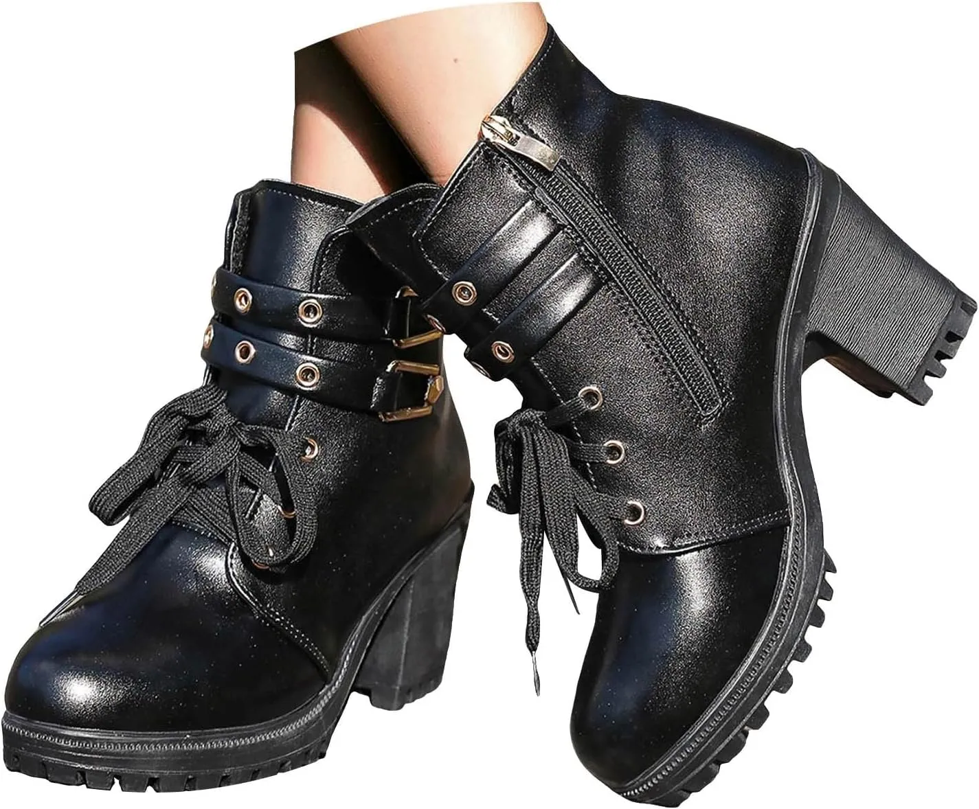 Goth Boots for Women, Women's Lace up Combat Ankle Boots High Chunky Heel Fashion Heeled Booties Shoes