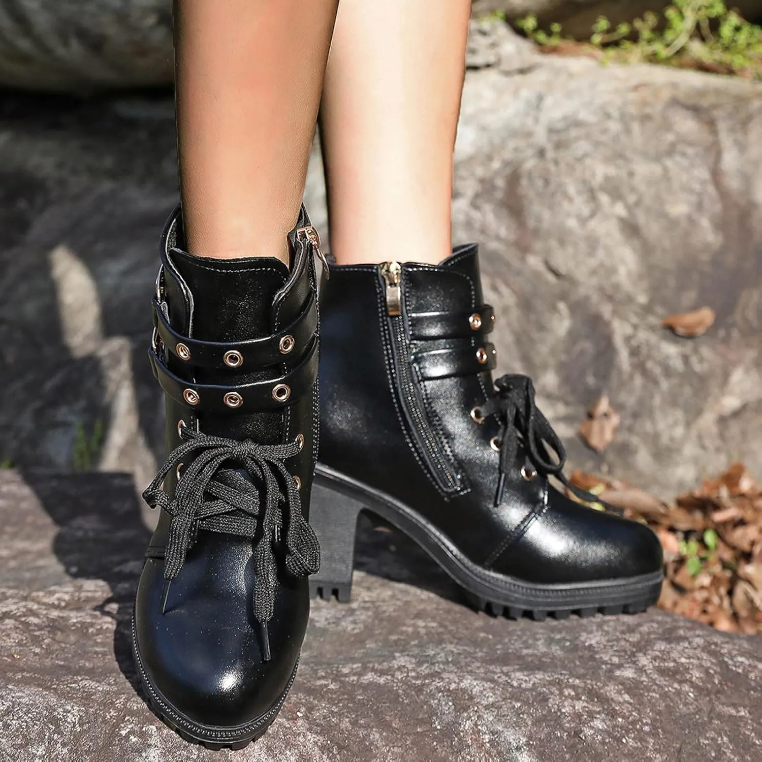 Goth Boots for Women, Women's Lace up Combat Ankle Boots High Chunky Heel Fashion Heeled Booties Shoes