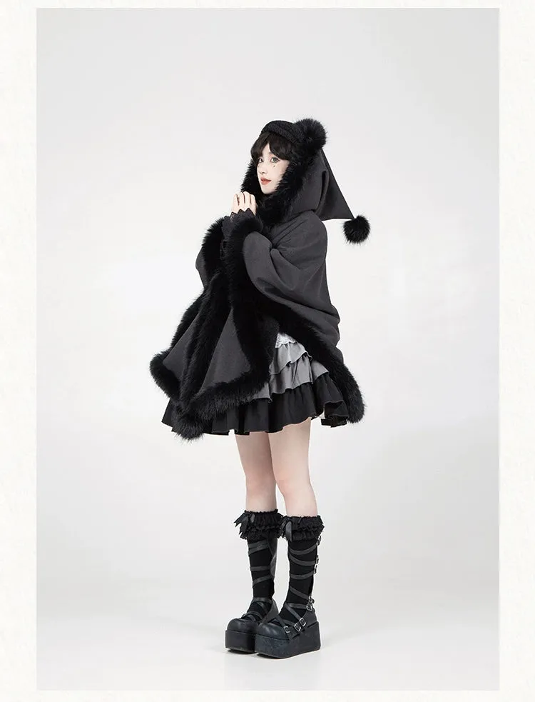 Gothic Lolita Cape Vibrant Hooded Coat Winter Fleece Cloak