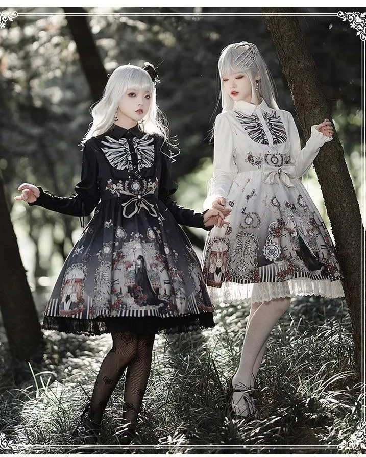 Gothic Lolita Dress Set Black White Lolita Blouse Dress Set