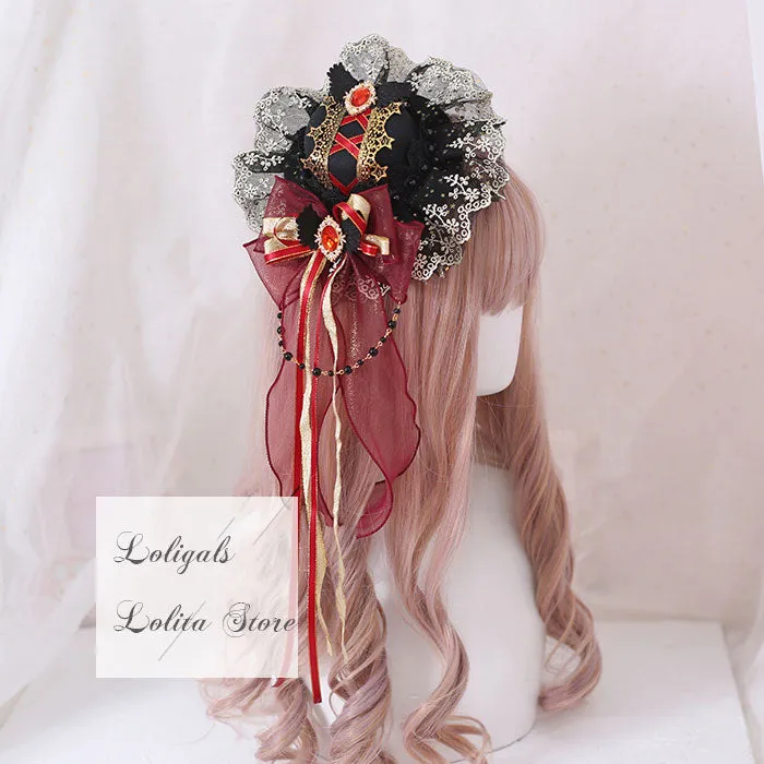 Gothic Lolita Headpiece Sweet Ruffled Lace Headband/ Mini Top Hat/ Choker