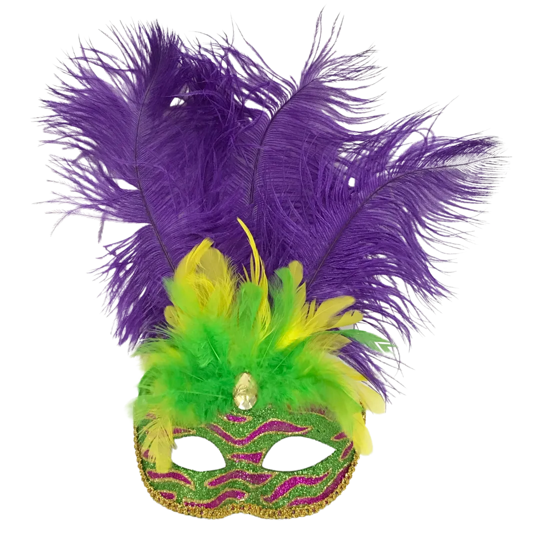 Green and Purple Striped Mask with Purple, Green and Gold Feathers (Each)
