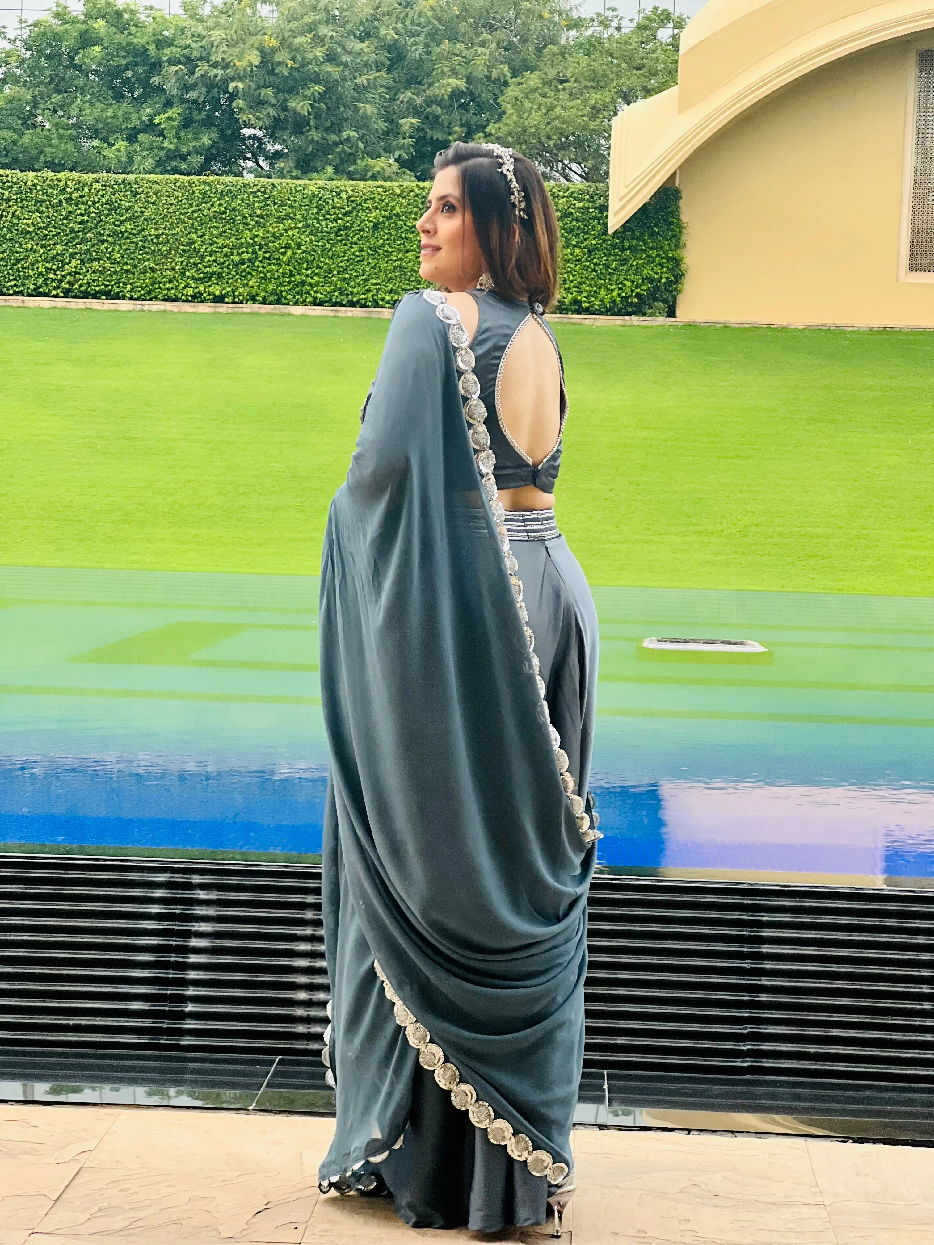 Grey Embroidered Ethnic Dhoti Saree
