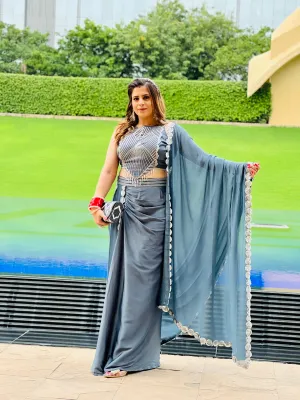 Grey Embroidered Ethnic Dhoti Saree