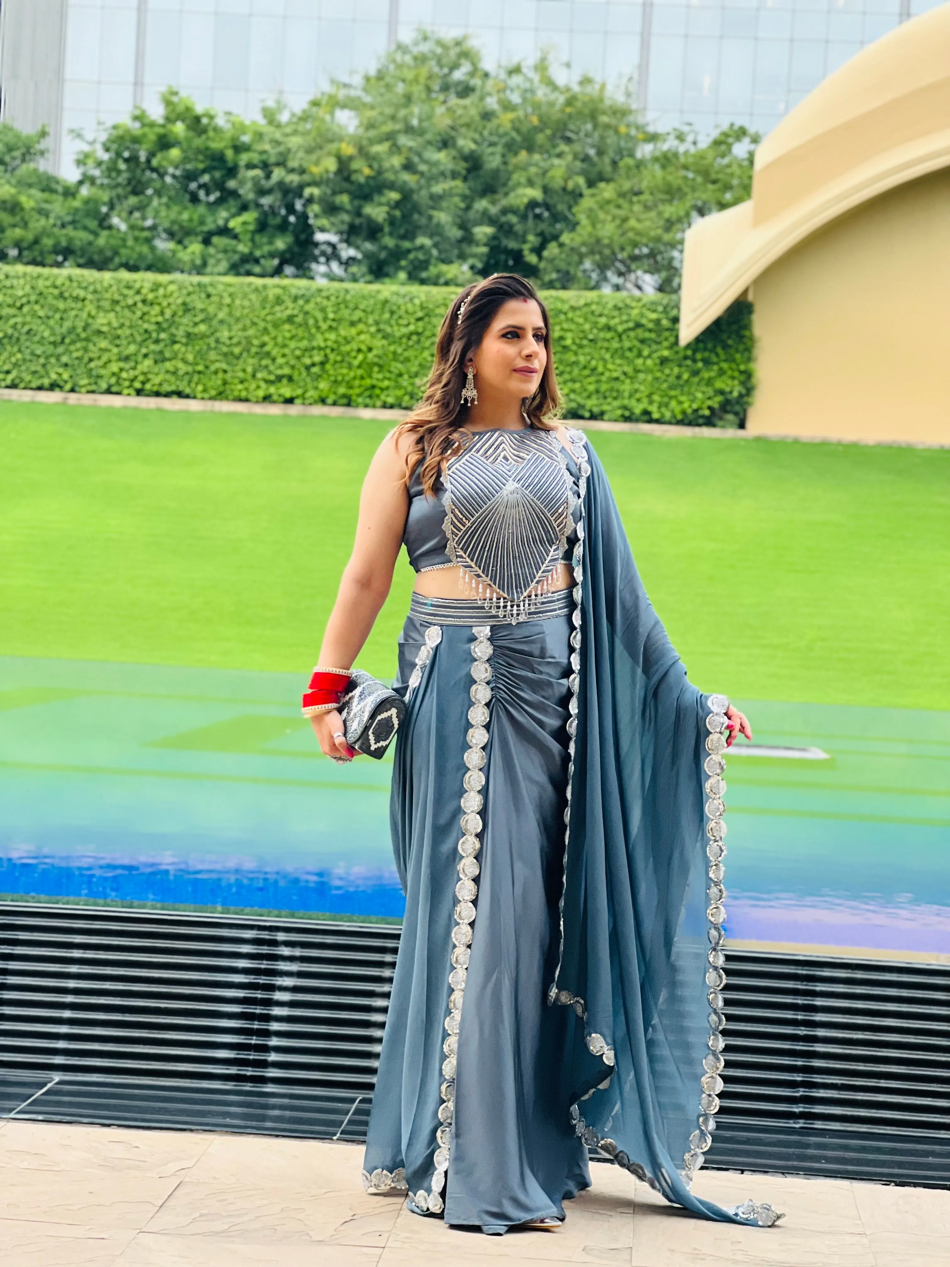 Grey Embroidered Ethnic Dhoti Saree