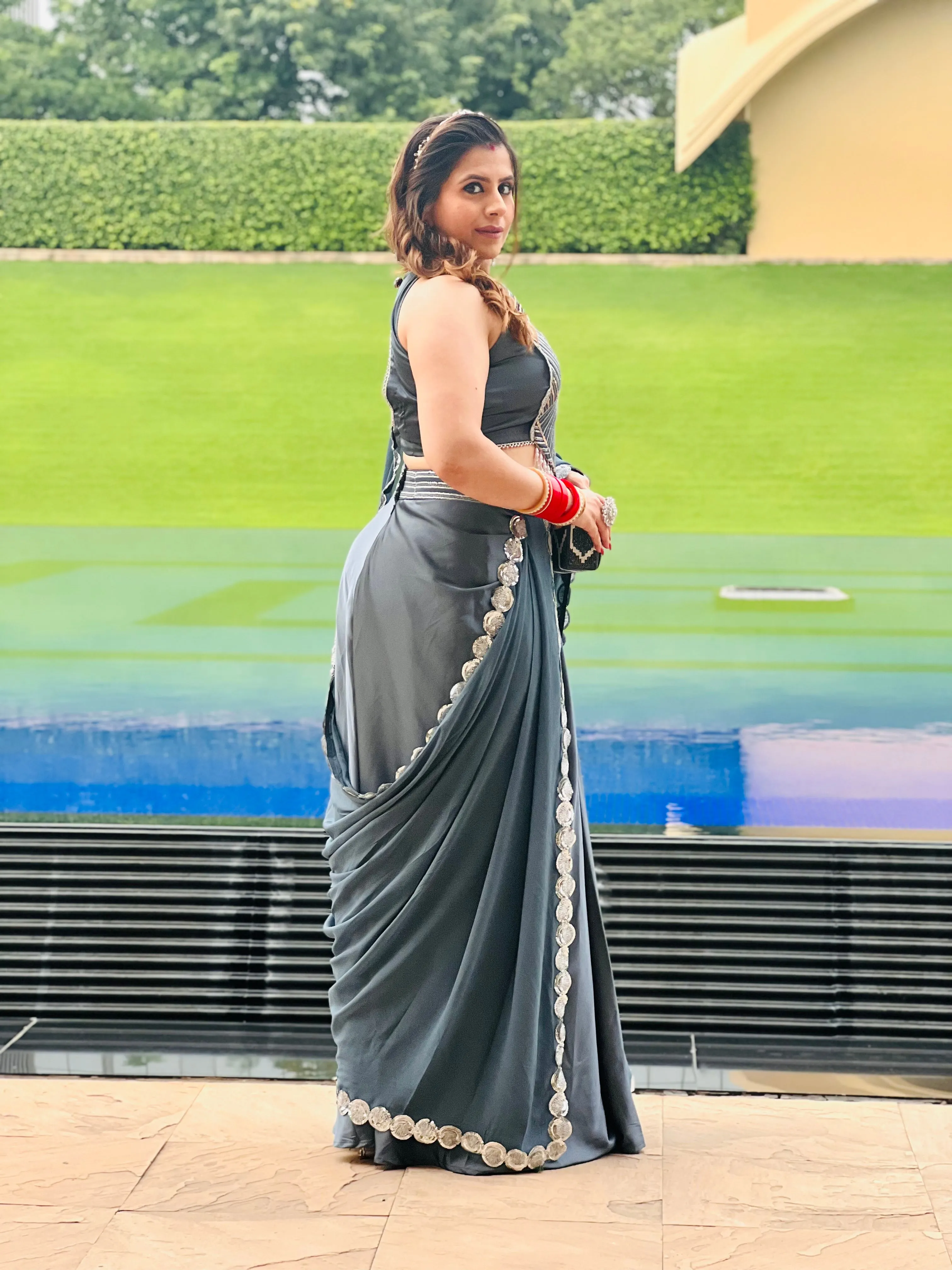 Grey Embroidered Ethnic Dhoti Saree