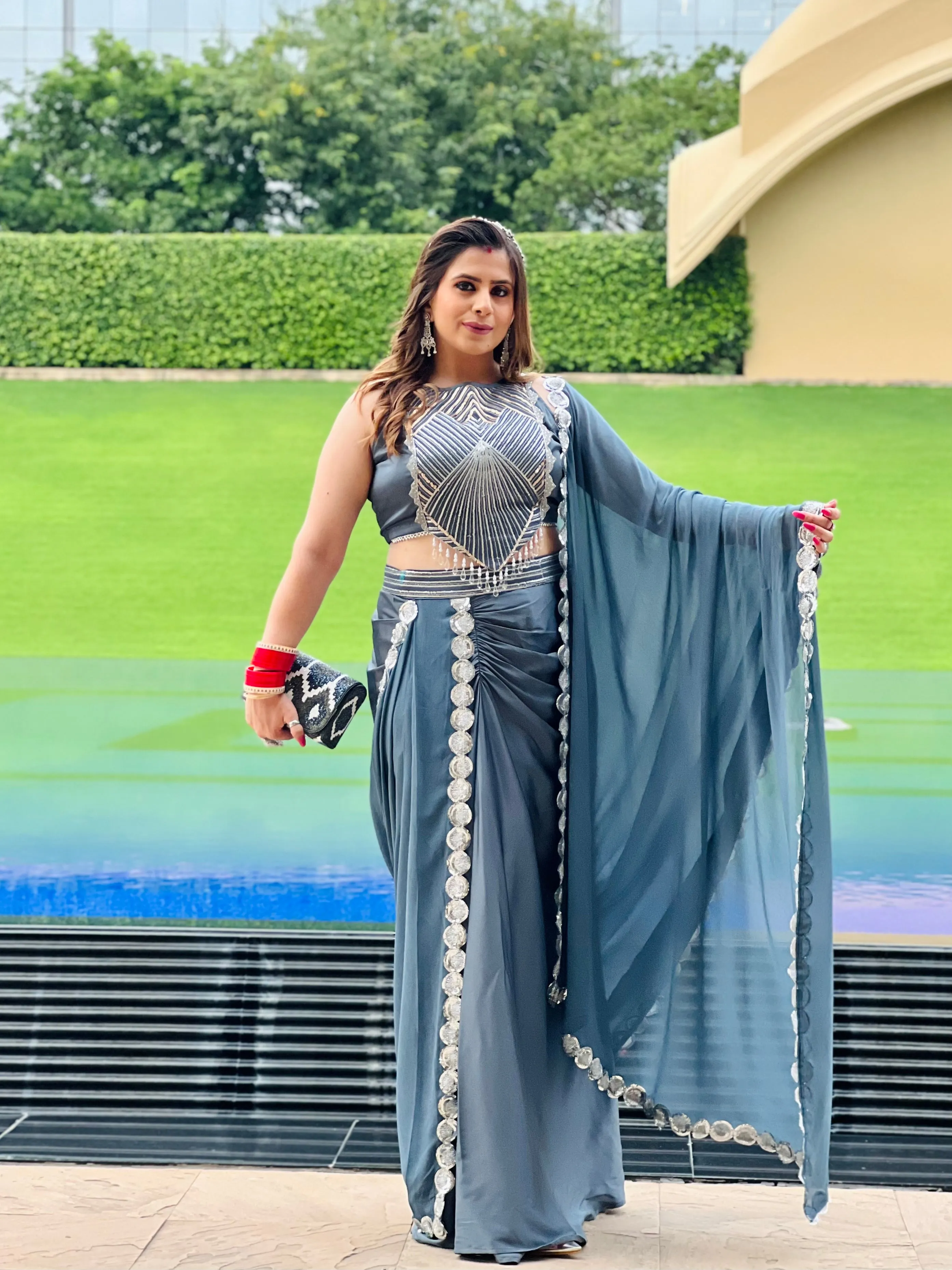 Grey Embroidered Ethnic Dhoti Saree