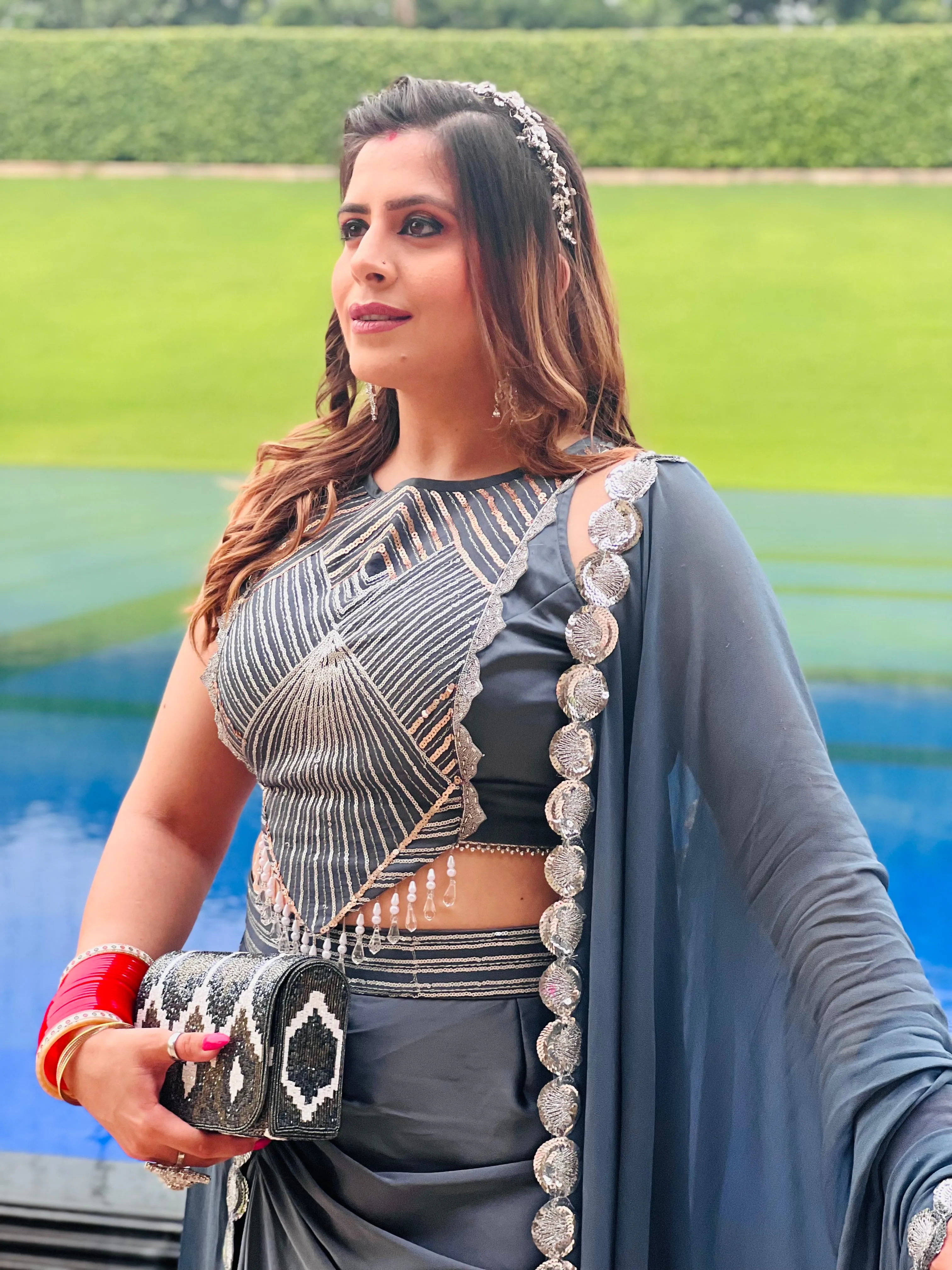 Grey Embroidered Ethnic Dhoti Saree
