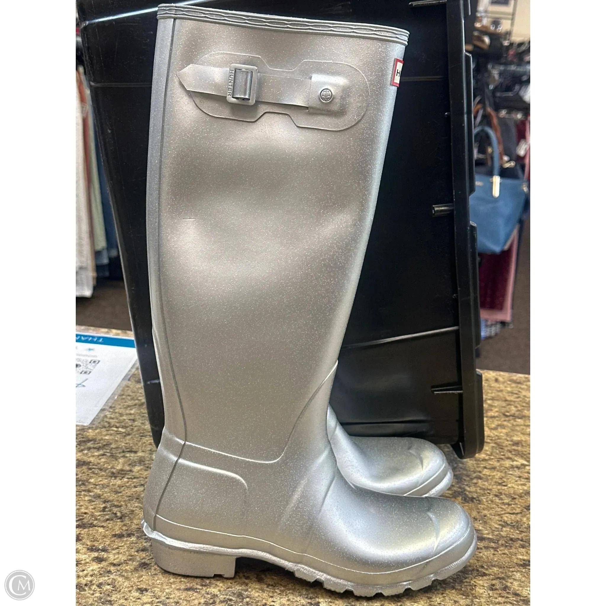 Padded Interior Outdoor Trek Boots Knee Flats By Hunter In Silver, Size: 9