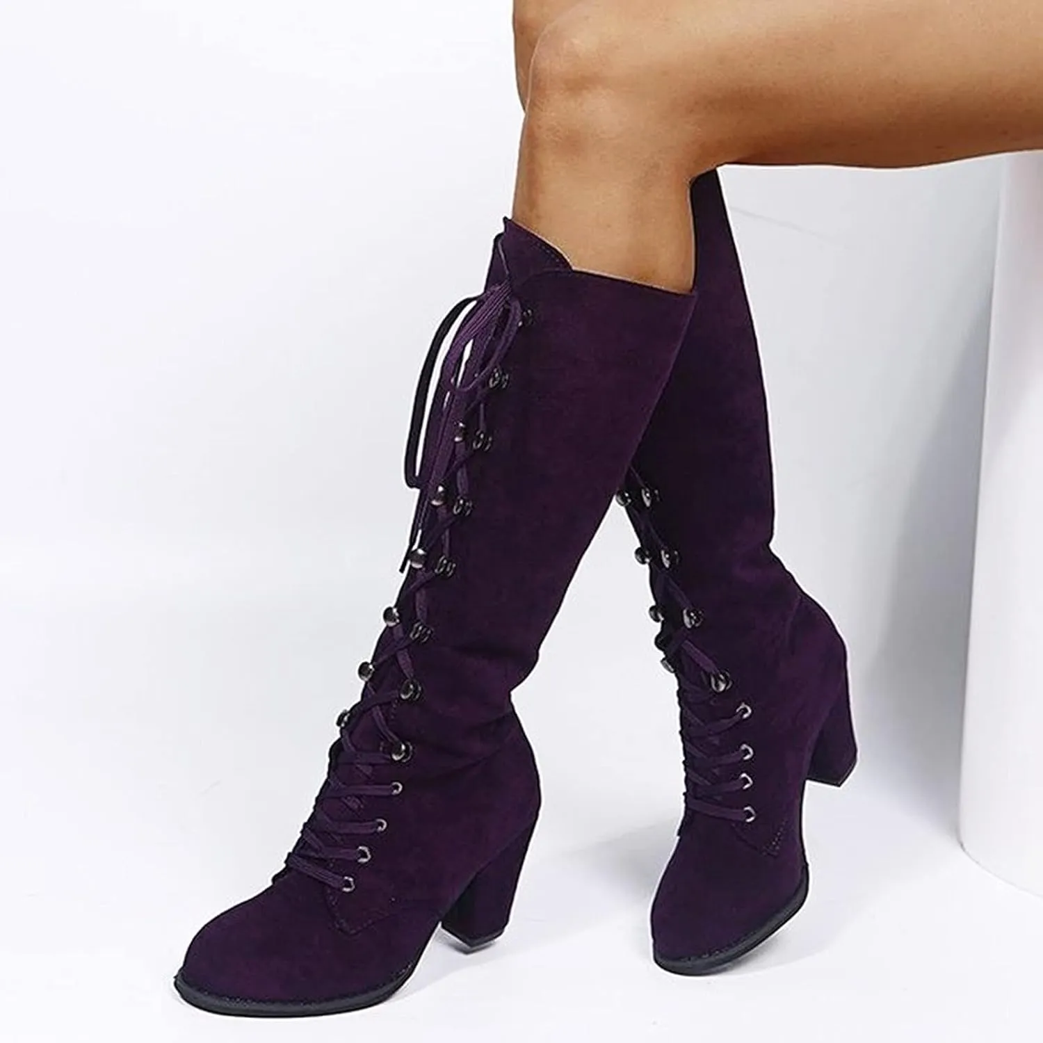 Halloween Boots for Women Medieval Vintage Chunky Heel Boots Fall Winter Suede Lace Up Mid Calf Boot Goth Steampunk Halloween
