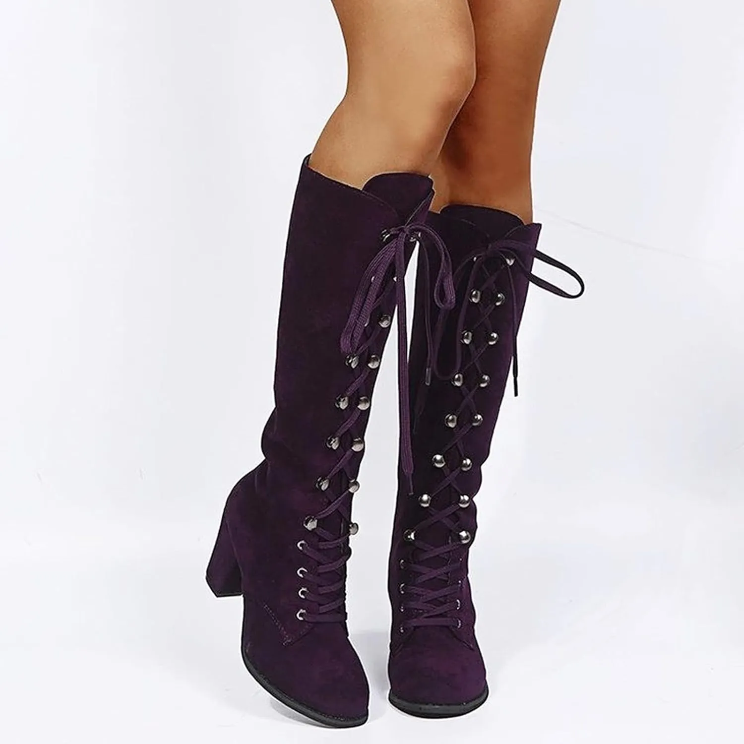 Halloween Boots for Women Medieval Vintage Chunky Heel Boots Fall Winter Suede Lace Up Mid Calf Boot Goth Steampunk Halloween