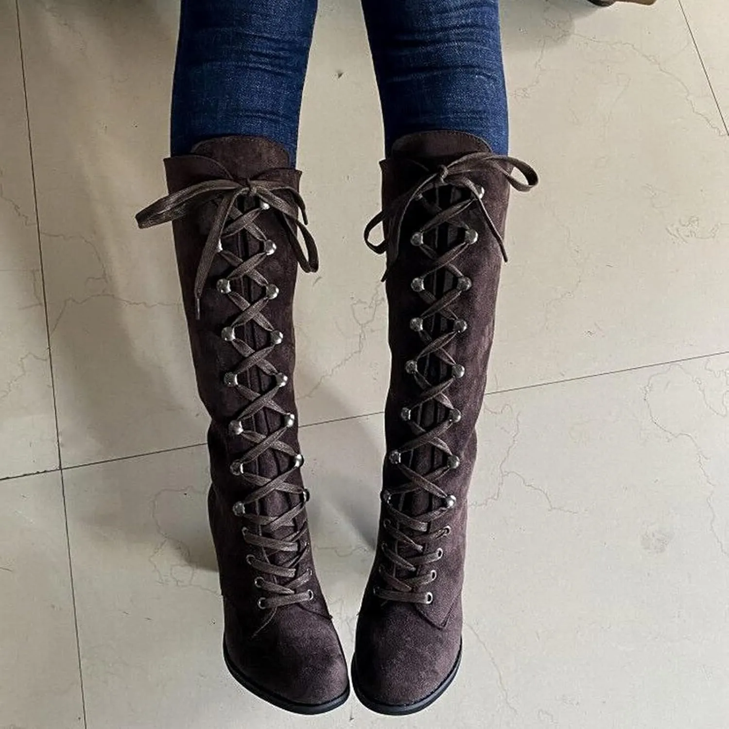 Halloween Boots for Women Medieval Vintage Chunky Heel Boots Fall Winter Suede Lace Up Mid Calf Boot Goth Steampunk Halloween
