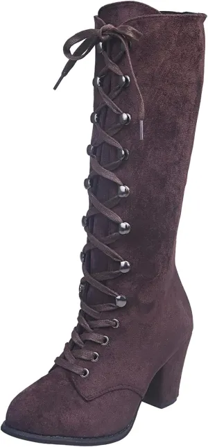 Halloween Boots for Women Medieval Vintage Chunky Heel Boots Fall Winter Suede Lace Up Mid Calf Boot Goth Steampunk Halloween