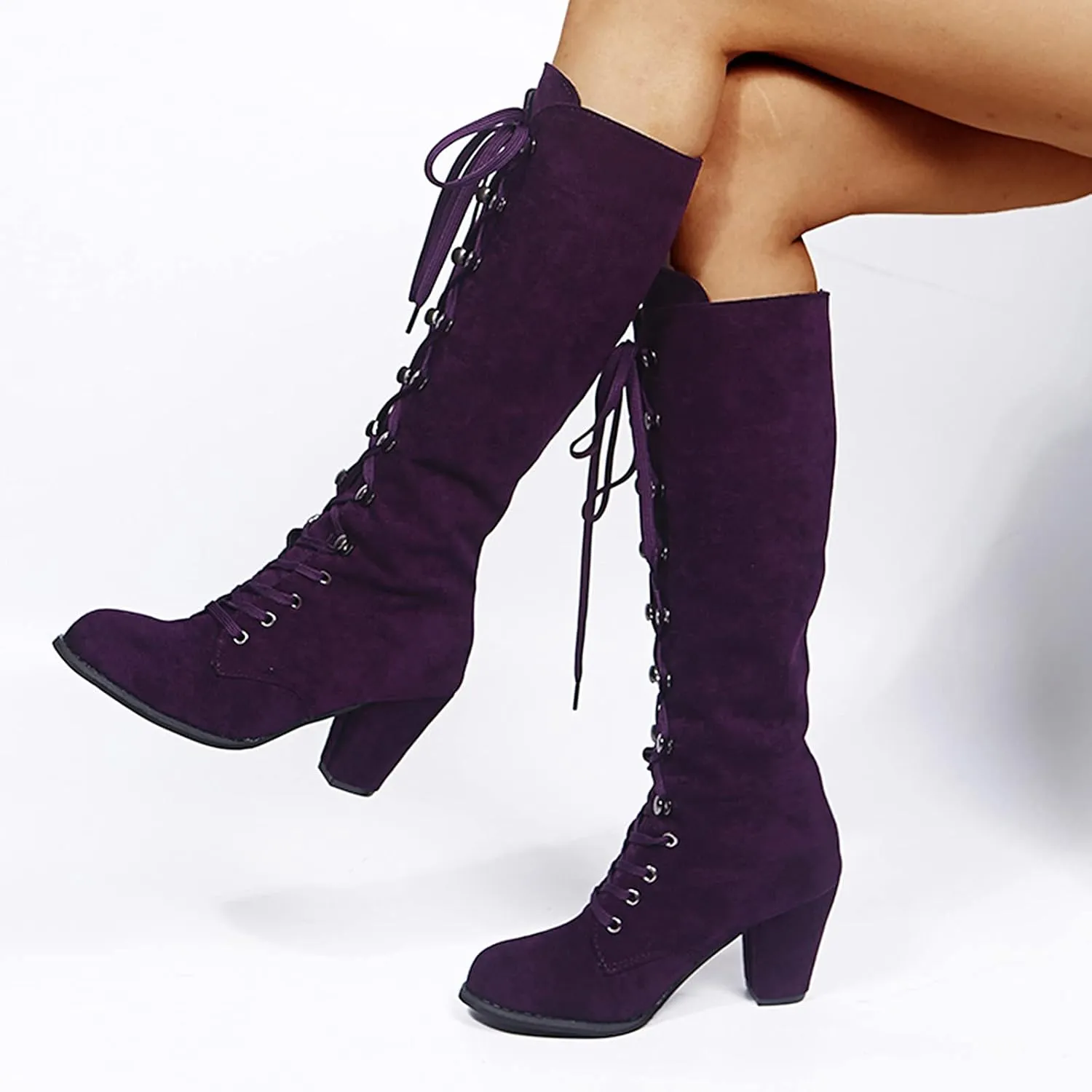 Halloween Boots for Women Medieval Vintage Chunky Heel Boots Fall Winter Suede Lace Up Mid Calf Boot Goth Steampunk Halloween