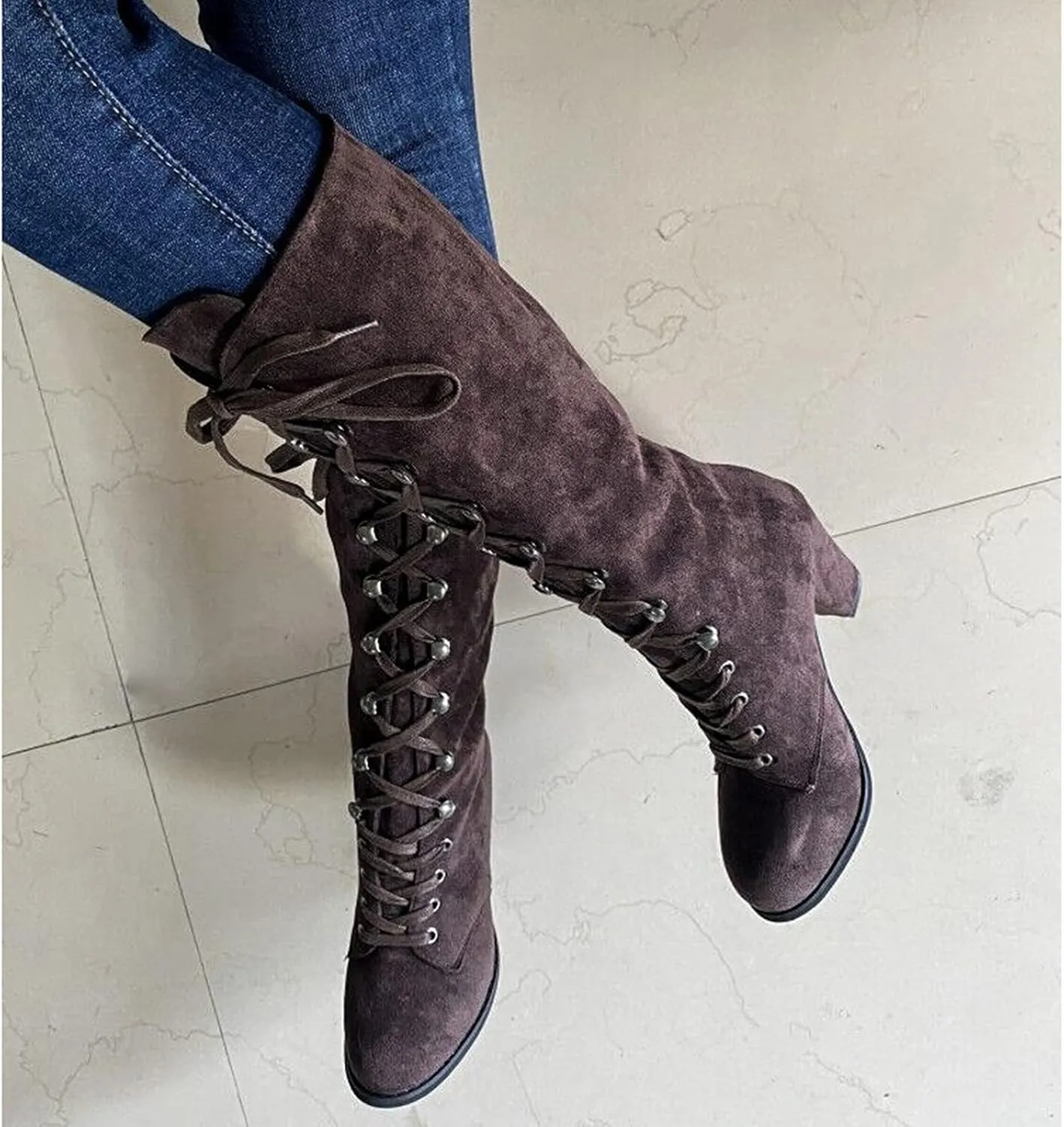 Halloween Boots for Women Medieval Vintage Chunky Heel Boots Fall Winter Suede Lace Up Mid Calf Boot Goth Steampunk Halloween