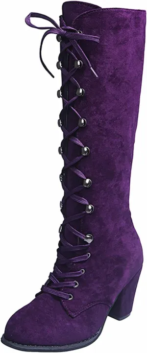 Halloween Boots for Women Medieval Vintage Chunky Heel Boots Fall Winter Suede Lace Up Mid Calf Boot Goth Steampunk Halloween