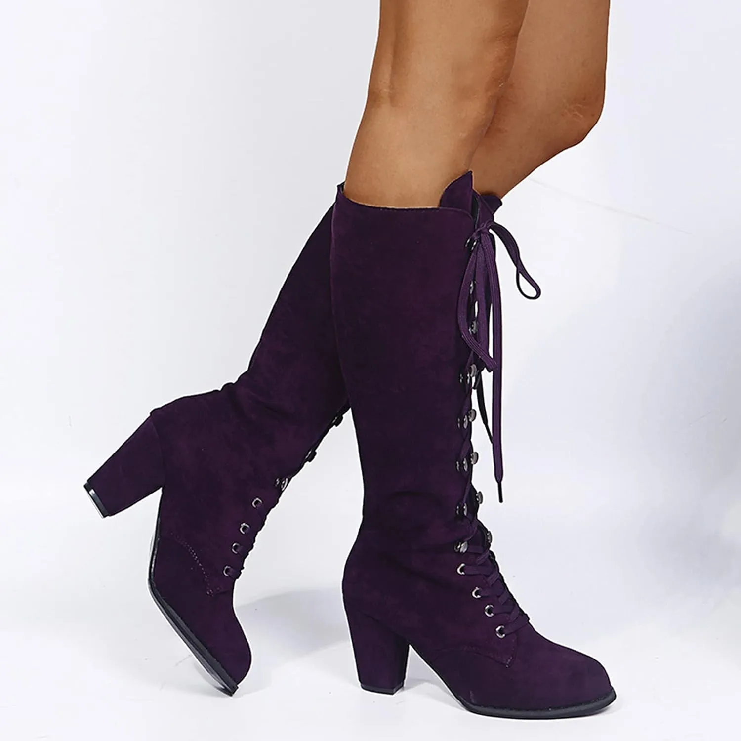 Halloween Boots for Women Medieval Vintage Chunky Heel Boots Fall Winter Suede Lace Up Mid Calf Boot Goth Steampunk Halloween