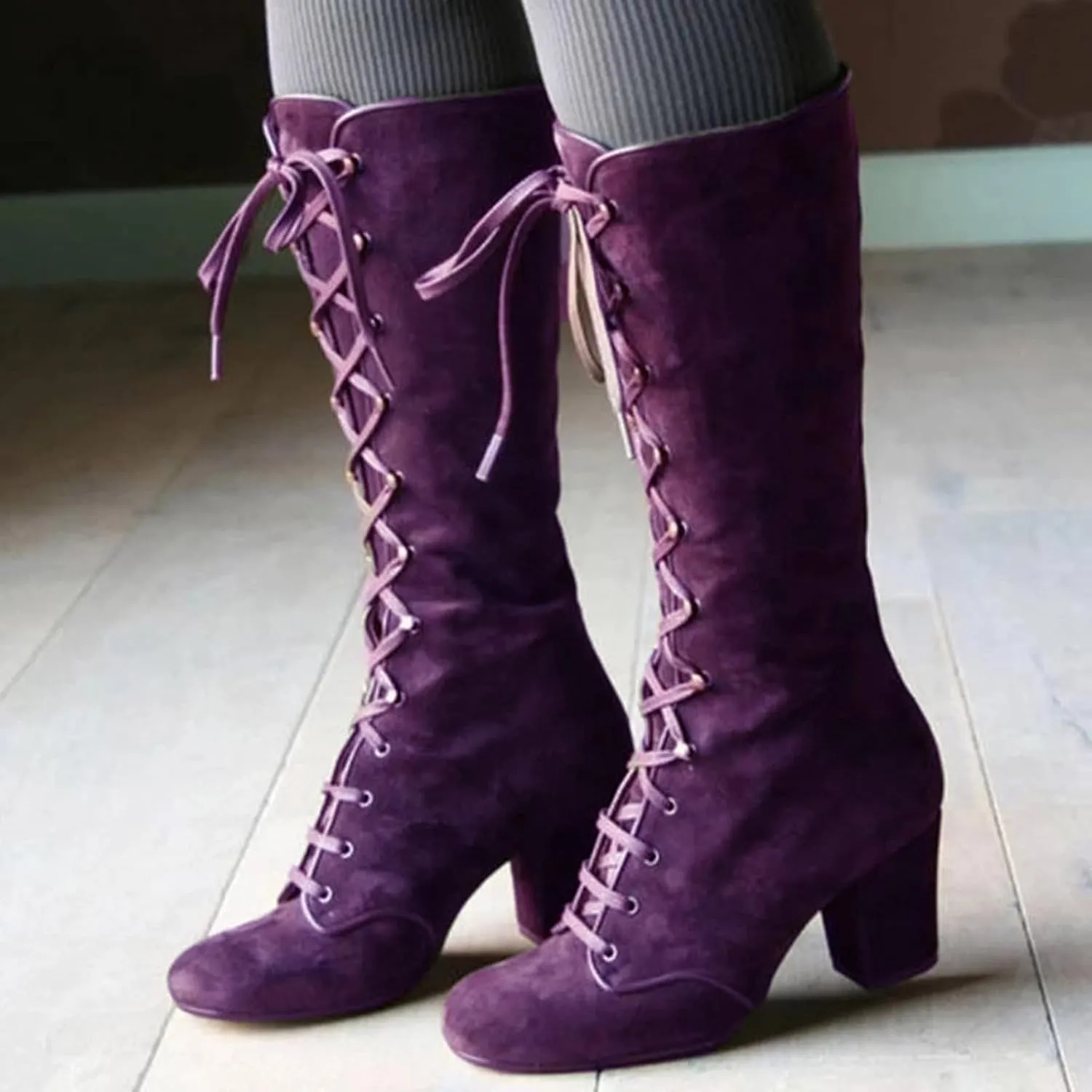 Halloween Boots for Women Medieval Vintage Chunky Heel Boots Fall Winter Suede Lace Up Mid Calf Boot Goth Steampunk Halloween