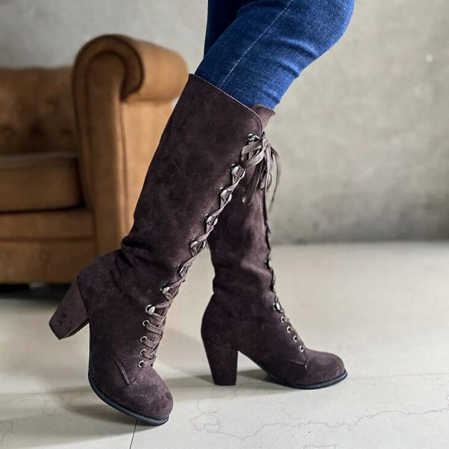 Halloween Boots for Women Medieval Vintage Chunky Heel Boots Fall Winter Suede Lace Up Mid Calf Boot Goth Steampunk Halloween