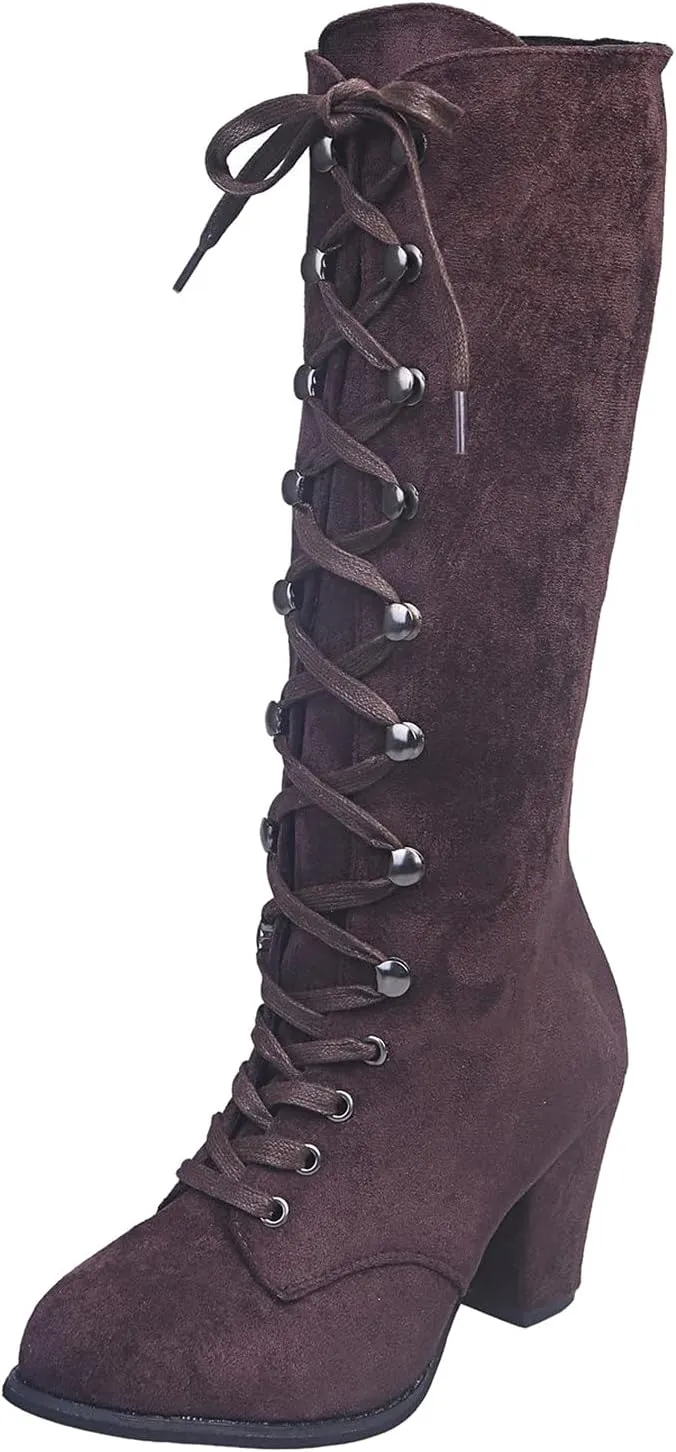 Halloween Boots for Women Medieval Vintage Chunky Heel Boots Fall Winter Suede Lace Up Mid Calf Boot Goth Steampunk Halloween