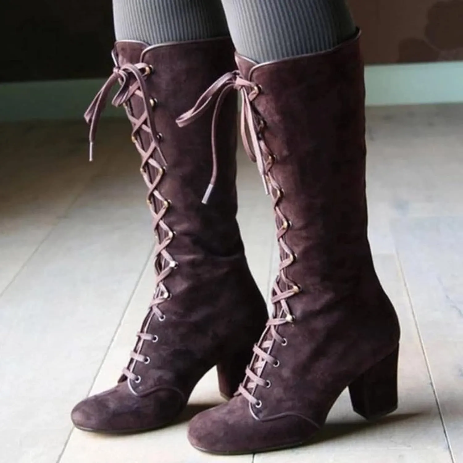 Halloween Boots for Women Medieval Vintage Chunky Heel Boots Fall Winter Suede Lace Up Mid Calf Boot Goth Steampunk Halloween