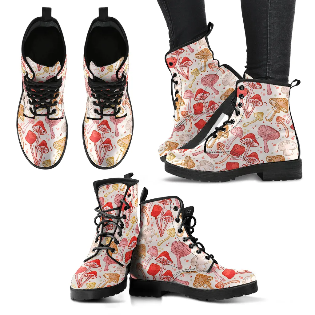 Hand Drawn Mushrooms Women's Vegan Leather Combat Boots