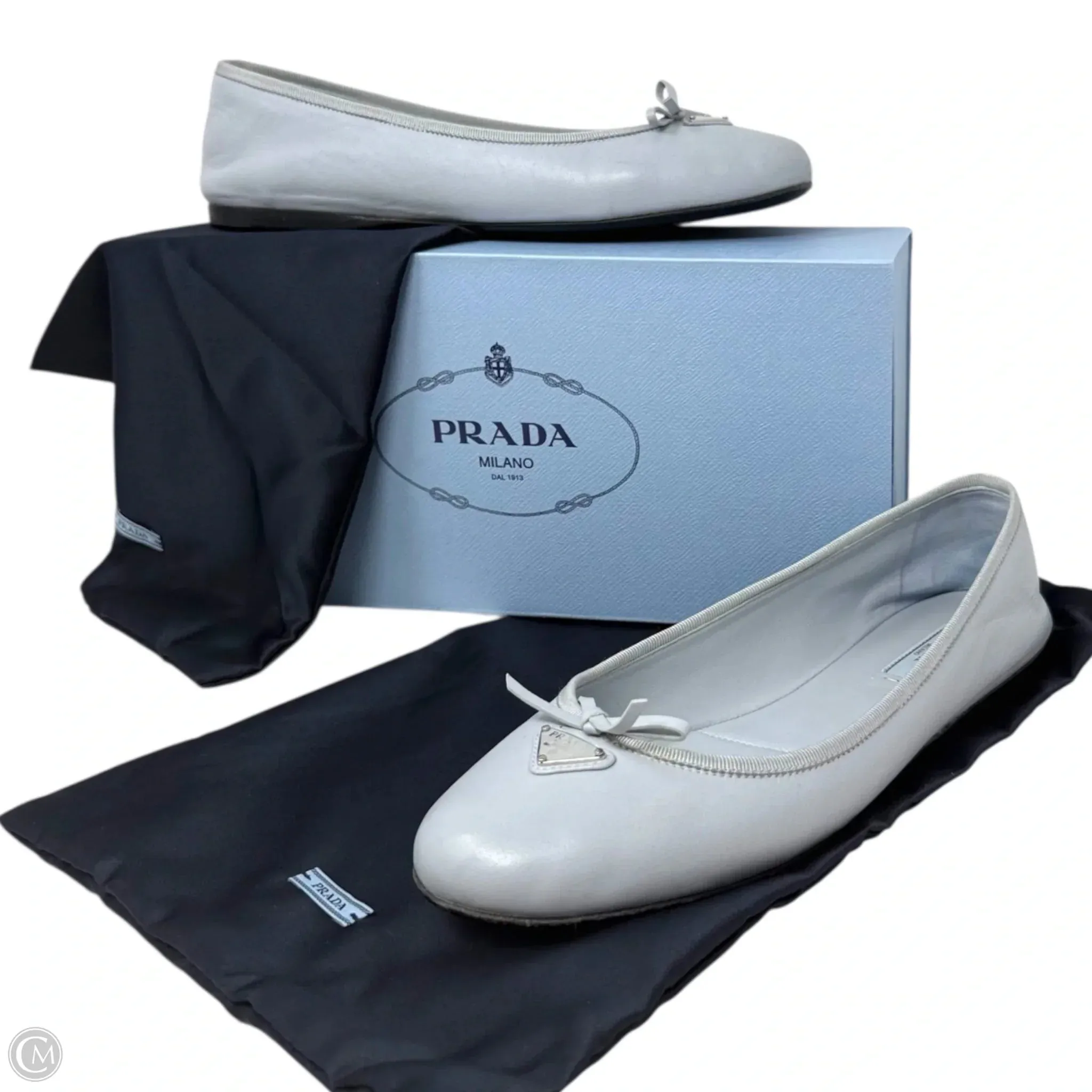 Thermal Insulation Wind Safe Nappa Lambskin Leather Bow Ballerina Flats Luxury Designer By Prada In Cornflower (Fiordaliso), Size: US 9/IT 39