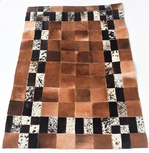 Handmade Cow Hide Patchwork Hair-On Fur Leather Rug , Genuine Animal Skin Leather Rug, Anti Slip Material On Back 9 SQ/FT