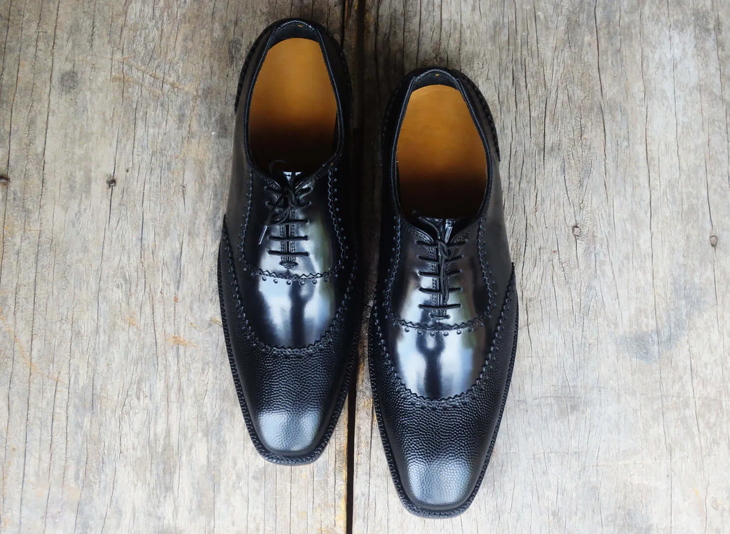 Handmade Men's Black Wing Tip Pebbled Leather Lace Up Shoes, Men Designer Dress Formal Luxury Shoes