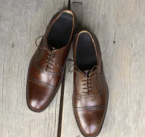 Handmade Men's Dark Brown Cap Toe Leather Lace Up Shoes, Men Designer Dress Formal Luxury Shoes