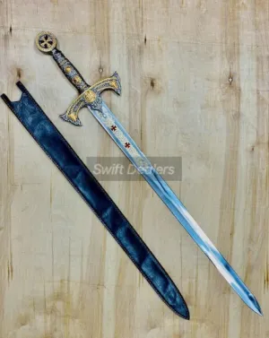 Handmade Templar Knights Sacred Holy Longsword Ornate Full Length Steel Replica Medieval Sword With Leather Sheath