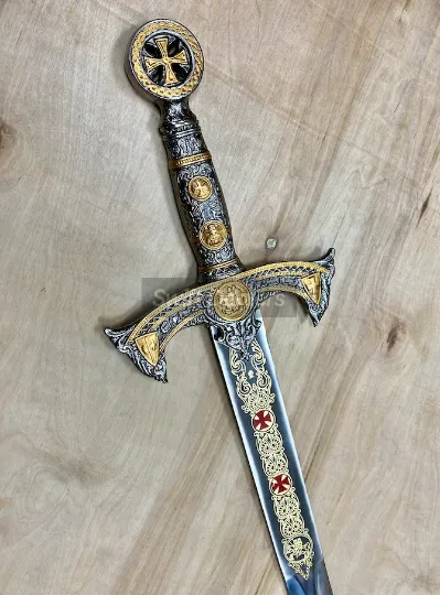 Handmade Templar Knights Sacred Holy Longsword Ornate Full Length Steel Replica Medieval Sword With Leather Sheath