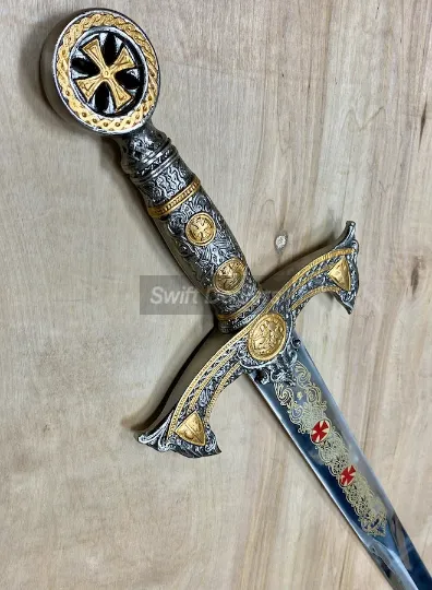Handmade Templar Knights Sacred Holy Longsword Ornate Full Length Steel Replica Medieval Sword With Leather Sheath