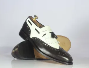 Handmade White Black Wing Tip Brogue Leather Shoes, Men Fringes Tassels Shoes