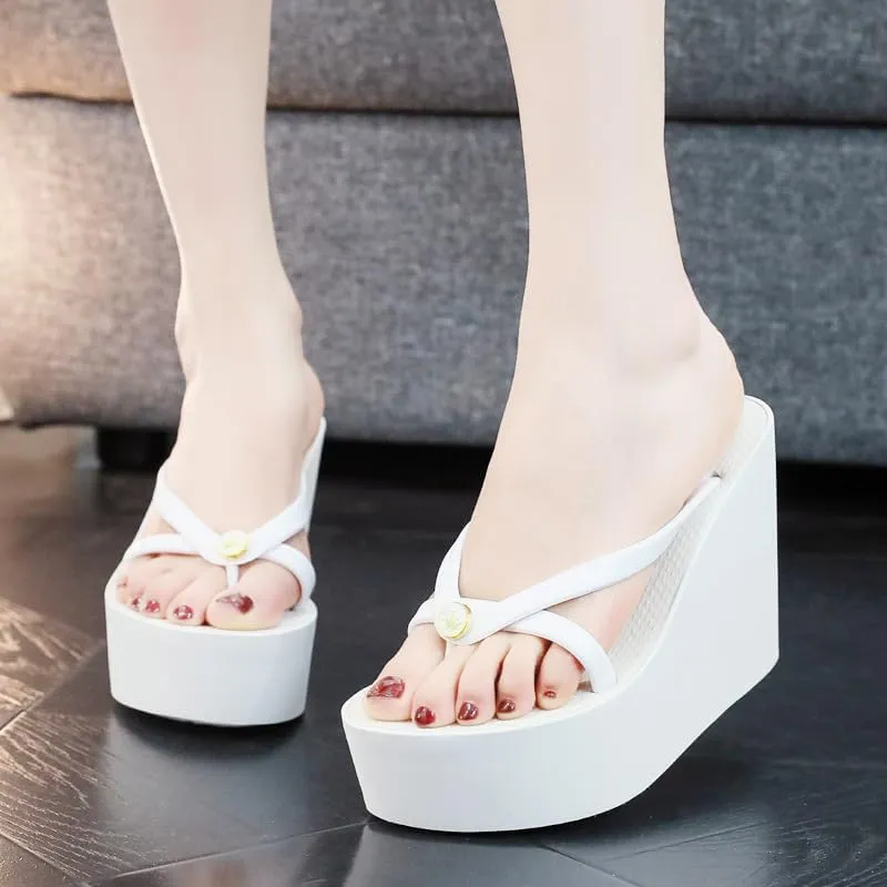Heel Platform Flip Flops for Women, Womens Slip on Platform Sandals, Women Platform Wedge Slipper, Black