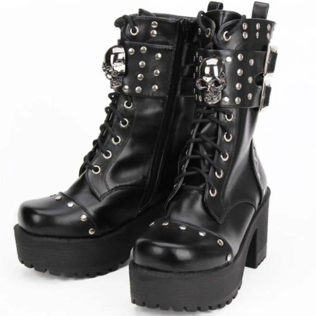 Heeled Gothic Skull Lace-Up Boots w/ Rivets, PU Leather, Black