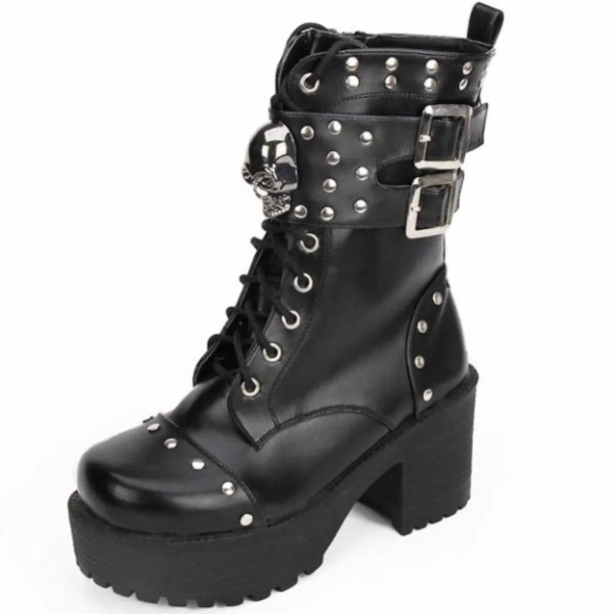 Heeled Gothic Skull Lace-Up Boots w/ Rivets, PU Leather, Black
