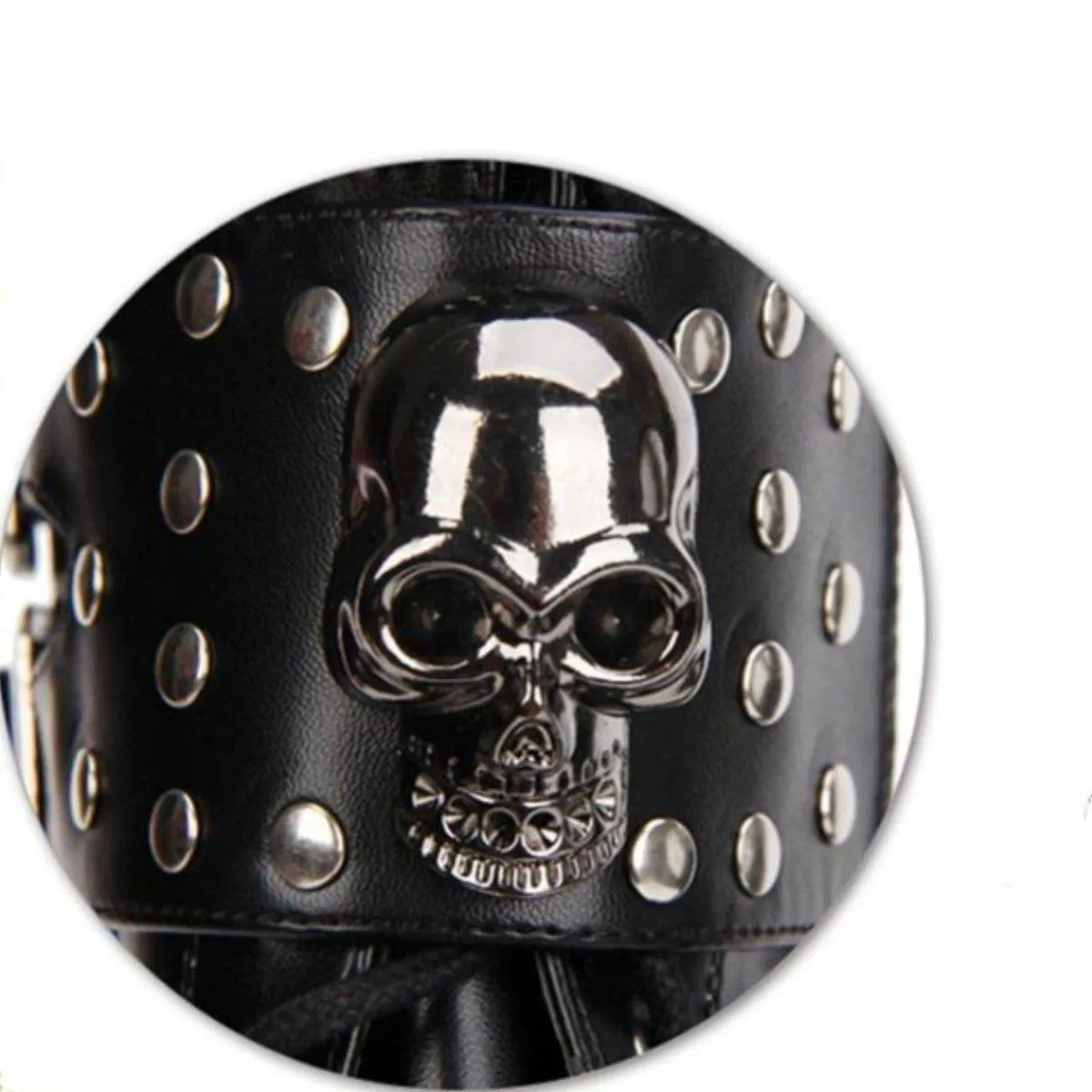 Heeled Gothic Skull Lace-Up Boots w/ Rivets, PU Leather, Black
