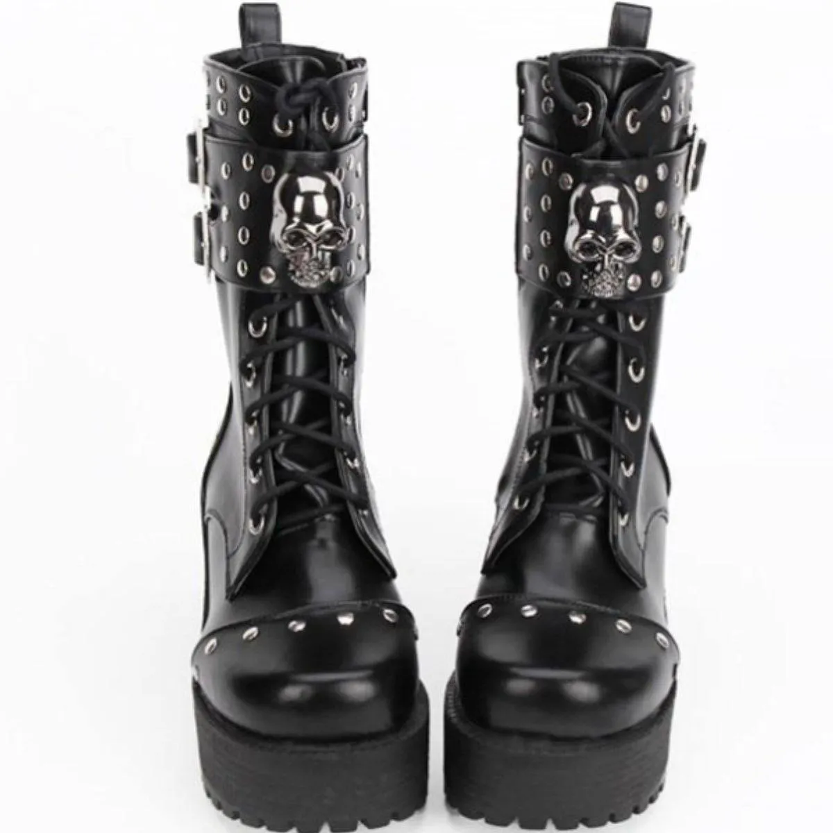 Heeled Gothic Skull Lace-Up Boots w/ Rivets, PU Leather, Black