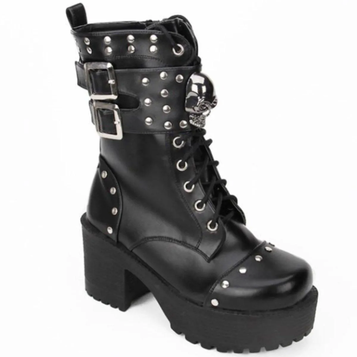 Heeled Gothic Skull Lace-Up Boots w/ Rivets, PU Leather, Black
