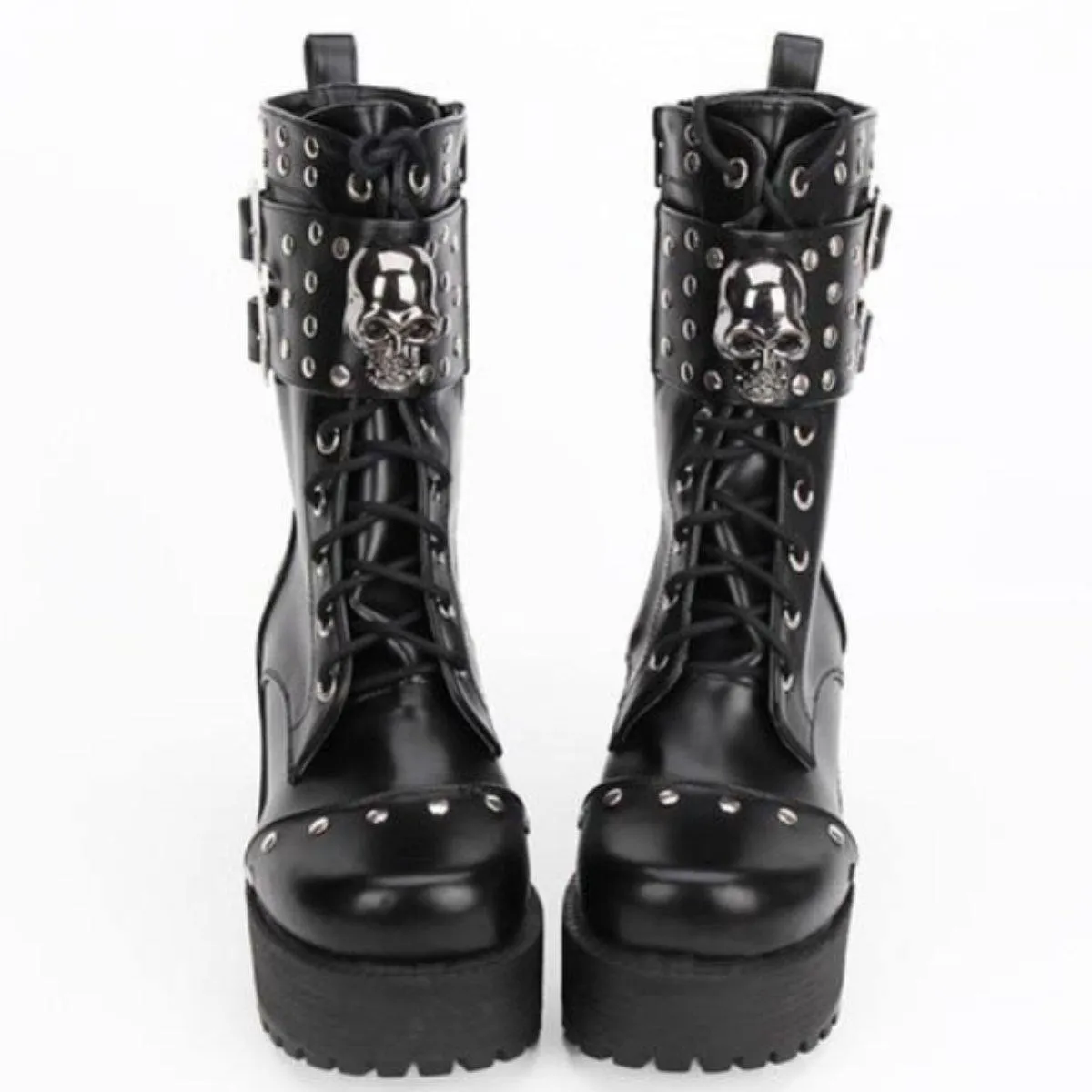Heeled Gothic Skull Lace-Up Boots w/ Rivets, PU Leather, Black