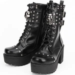 Heeled Gothic Skull Lace-Up Boots w/ Rivets, PU Leather, Black