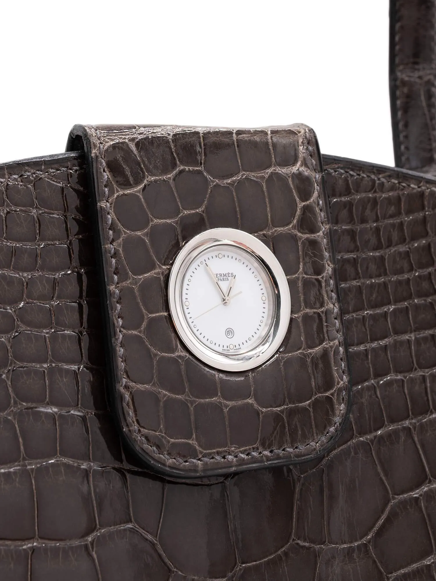 Hermes Shiny Alligator Lyn Clock Shoulder Bag Grey