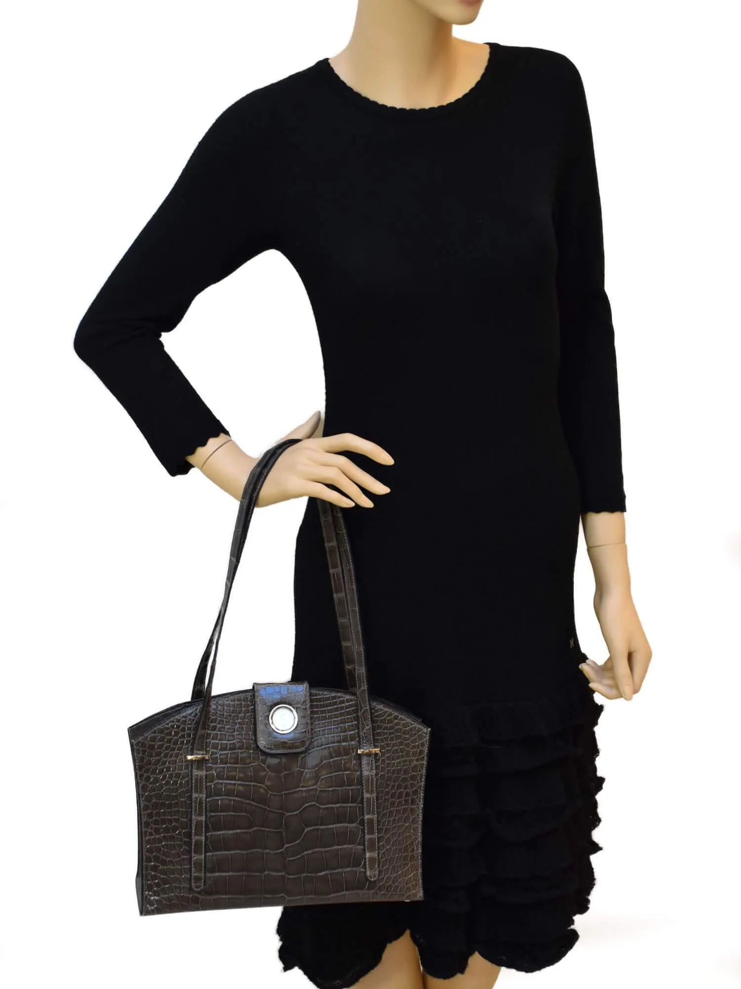 Hermes Shiny Alligator Lyn Clock Shoulder Bag Grey
